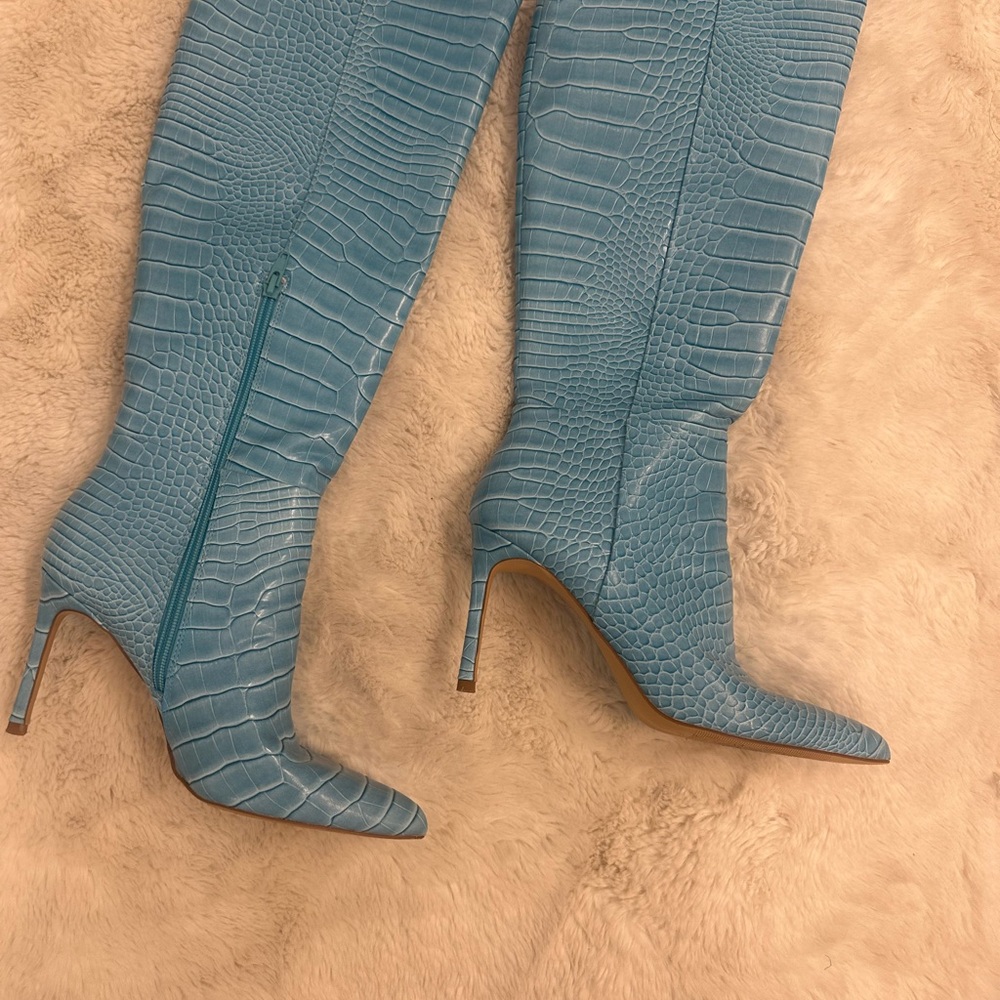 Madden Girl Blue Croc-Embossed Knee-High Stiletto Boots